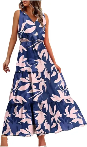 Summer Floral Dresses for Women Casual Flowy Dress Sleeveless V Neck Maxi Dress Trendy Boho Summer Beach Sun Dress
