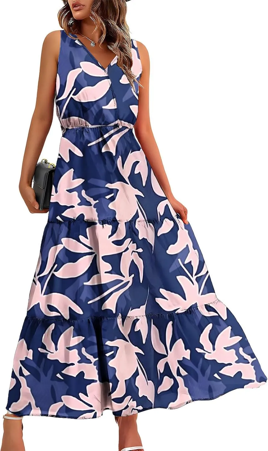 Summer Floral Dresses for Women Casual Flowy Dress Sleeveless V Neck Maxi Dress Trendy Boho Summer Beach Sun Dress