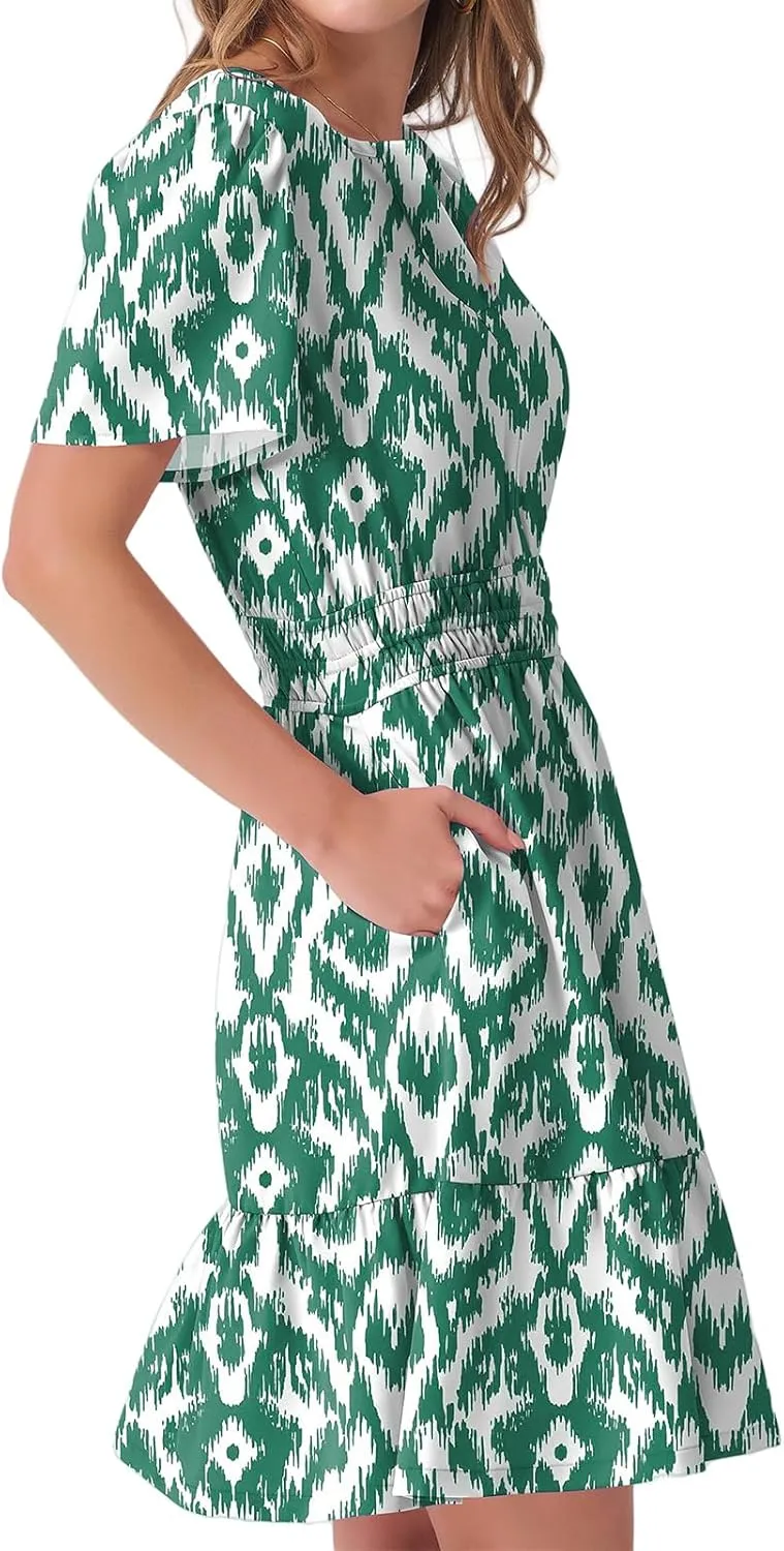 Summer Mini Dresses for Women Casual V Neck Short Sleeve Dress Loose Fit Tunic Tiered Ruffle Hem A-Line Sundress