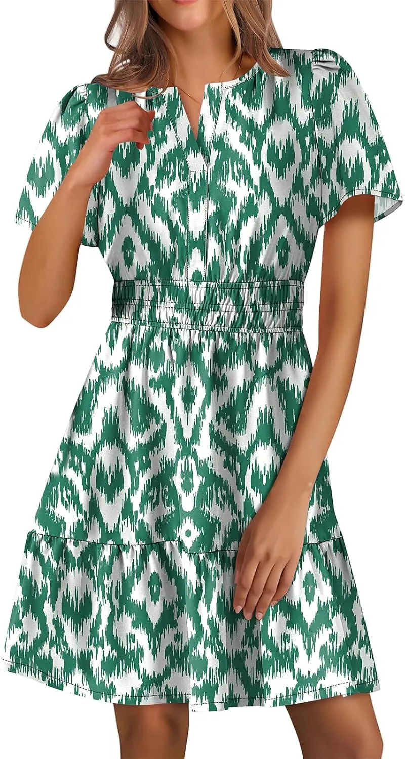 Summer Mini Dresses for Women Casual V Neck Short Sleeve Dress Loose Fit Tunic Tiered Ruffle Hem A-Line Sundress