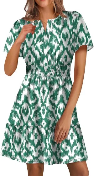Summer Mini Dresses for Women Casual V Neck Short Sleeve Dress Loose Fit Tunic Tiered Ruffle Hem A-Line Sundress