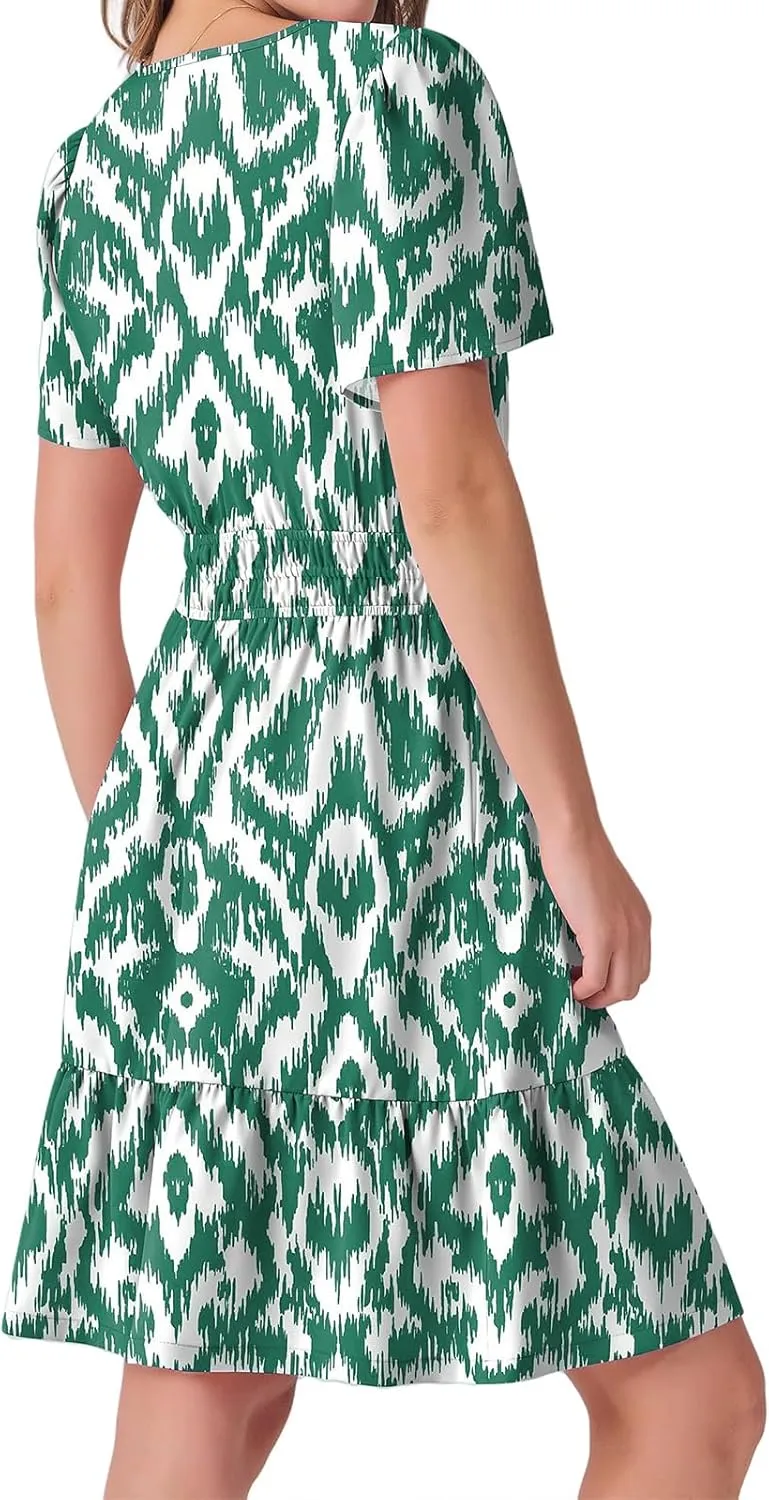Summer Mini Dresses for Women Casual V Neck Short Sleeve Dress Loose Fit Tunic Tiered Ruffle Hem A-Line Sundress