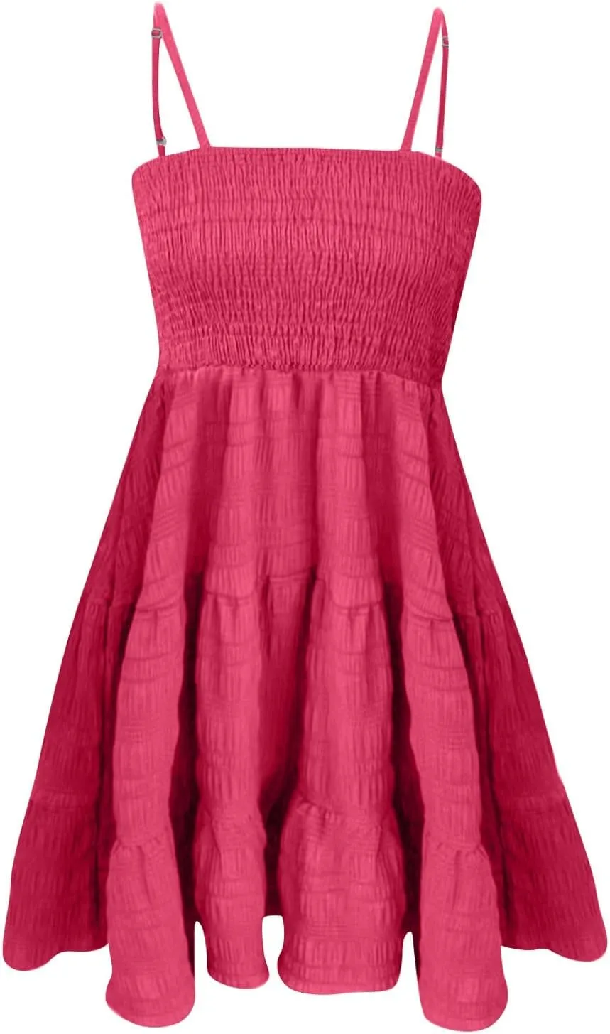 Sundresses for Women Smocked Spaghetti Strap Square Neck Mini Babydoll Dress Casual Summer Flowy Tiered Ruffle Dress