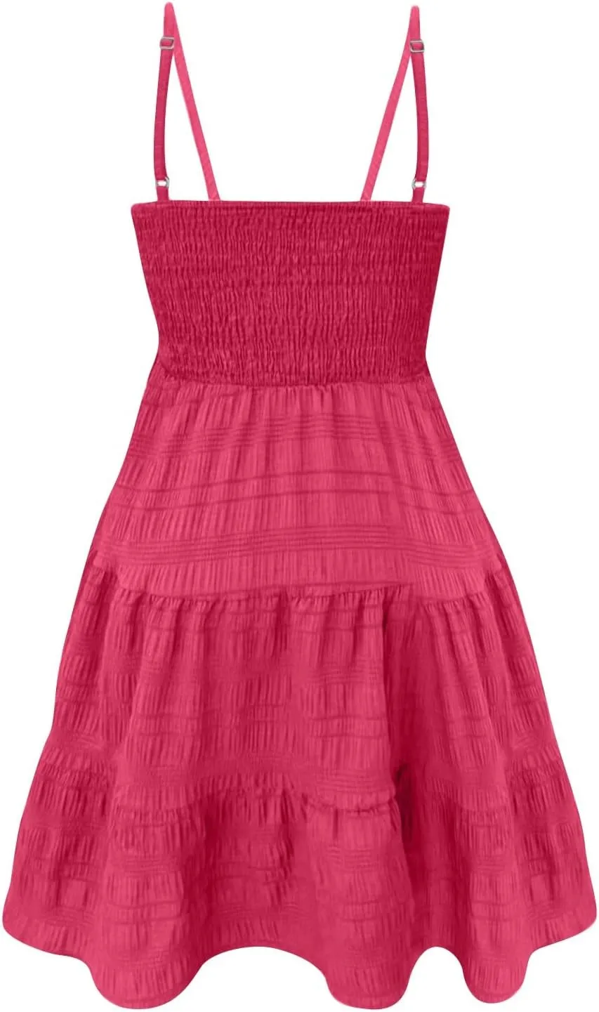 Sundresses for Women Smocked Spaghetti Strap Square Neck Mini Babydoll Dress Casual Summer Flowy Tiered Ruffle Dress