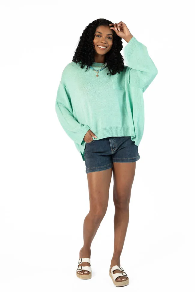 Tell Me Everything Aqua Oversized Pocketed Light Weight Sweater SALE
