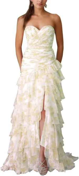 Tiered Floral Prom Dress for Women Strapless Long Formal Evening Party Gowns Corset Chiffon Ball Gown with Slit