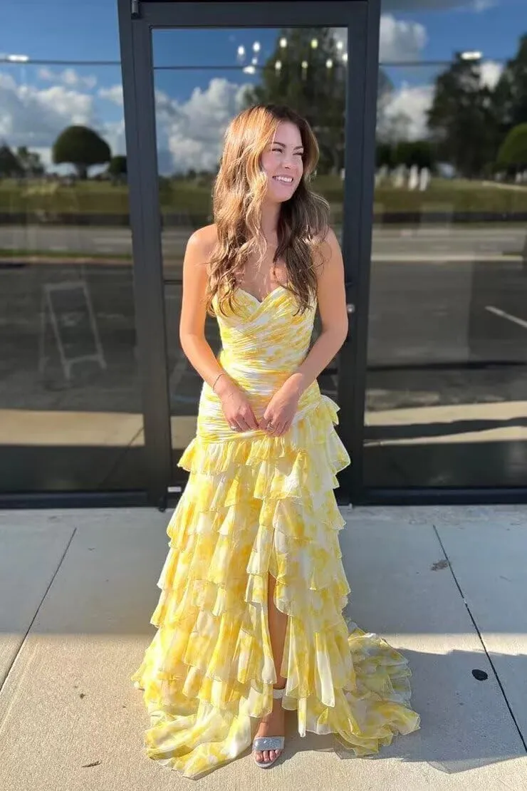 Tiered Floral Prom Dress for Women Strapless Long Formal Evening Party Gowns Corset Chiffon Ball Gown with Slit