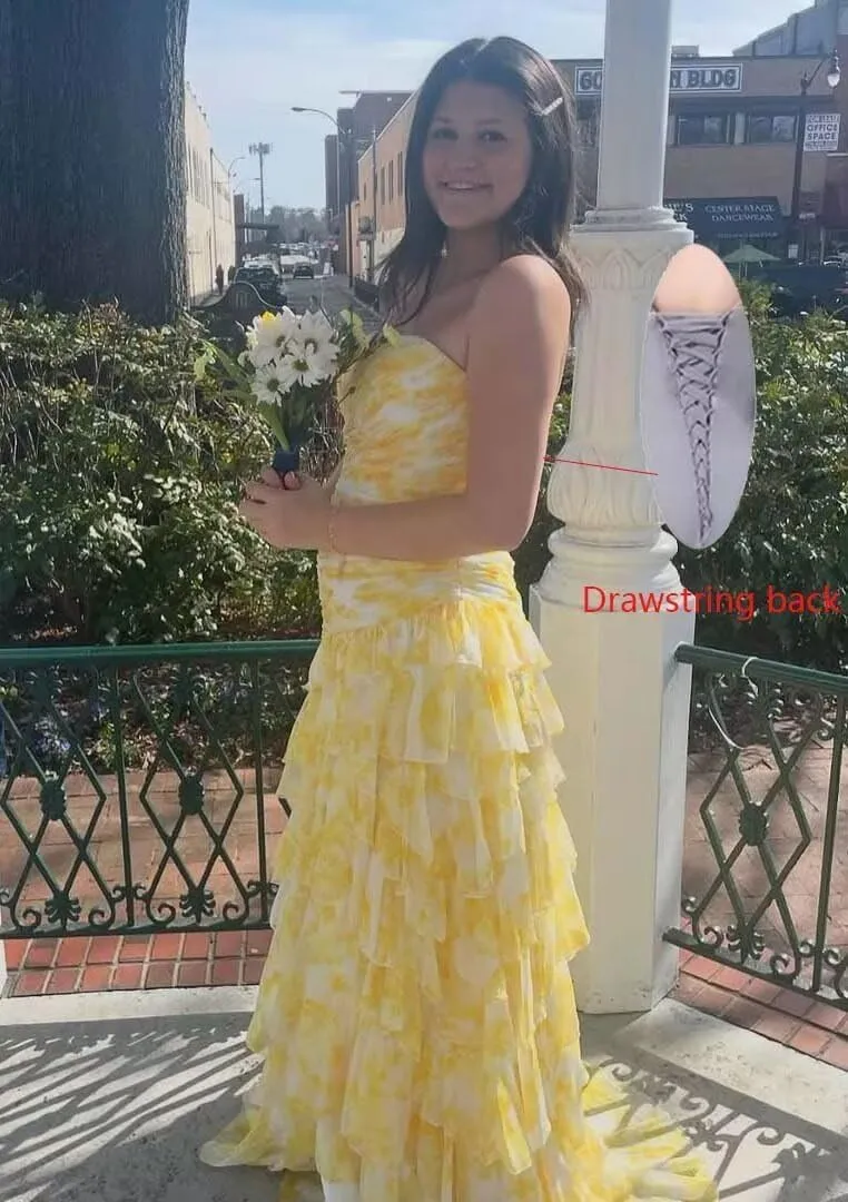 Tiered Floral Prom Dress for Women Strapless Long Formal Evening Party Gowns Corset Chiffon Ball Gown with Slit