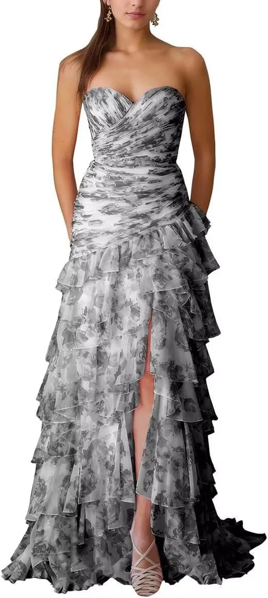 Tiered Floral Prom Dress for Women Strapless Long Formal Evening Party Gowns Corset Chiffon Ball Gown with Slit