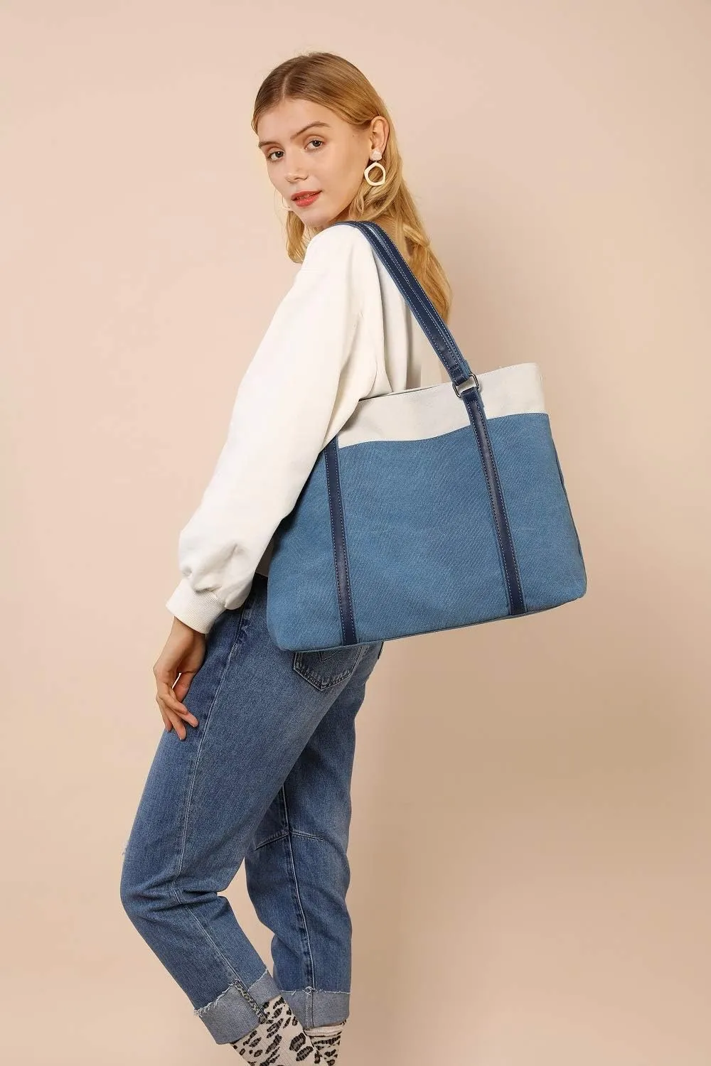 Tote Bag for Women Large Canvas Shoulder Purse for Travel Work Handbag Multi Pockets
