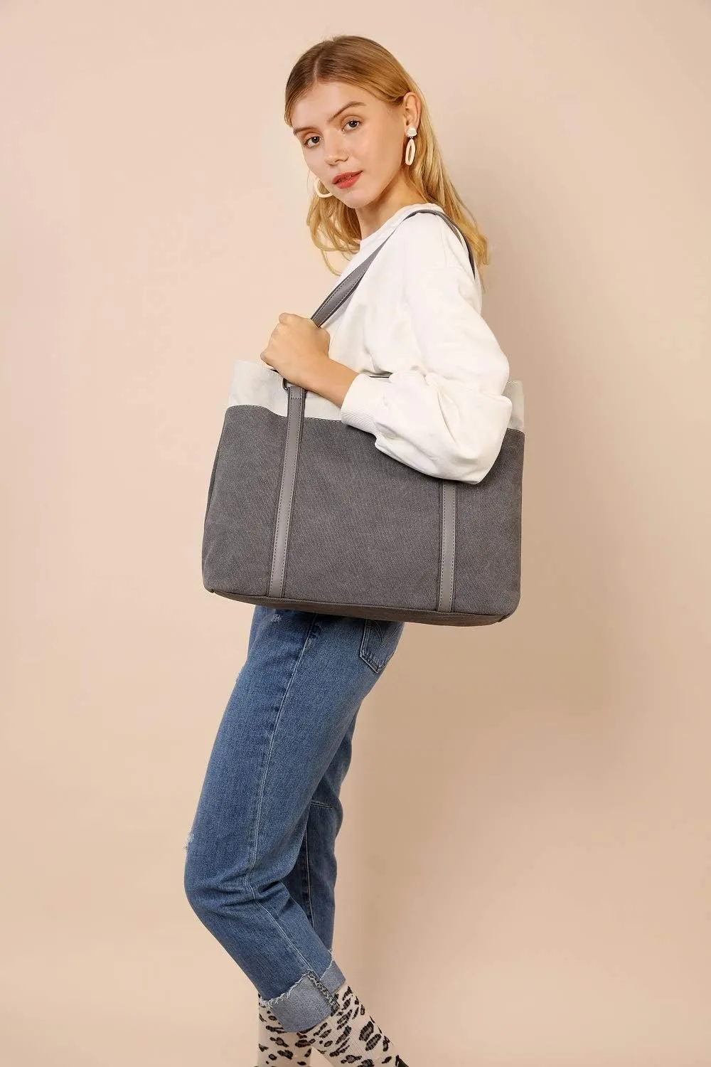 Tote Bag for Women Large Canvas Shoulder Purse for Travel Work Handbag Multi Pockets