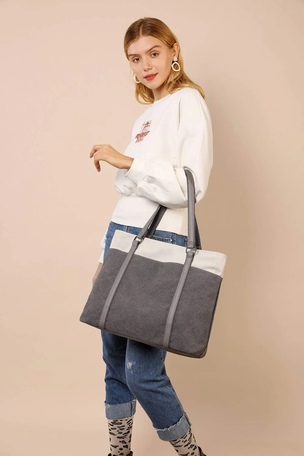 Tote Bag for Women Large Canvas Shoulder Purse for Travel Work Handbag Multi Pockets