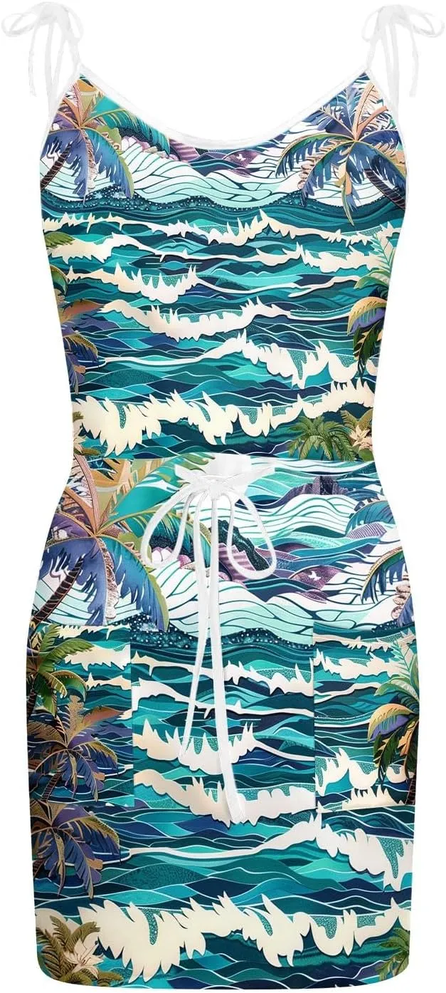 TWGONE Summer Dresses for Women 2024 Sleeveless Sexy Beach V-Neck Fringe Printed Strapless Sun Dress