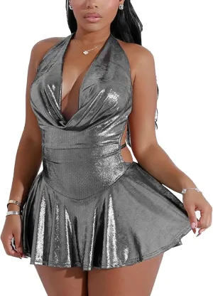 Unybwonn Women Metallic Dress Sleeveless Halter Neck Backless Ruched Mini Dresses Sexy Party Club Cocktail Short Dress
