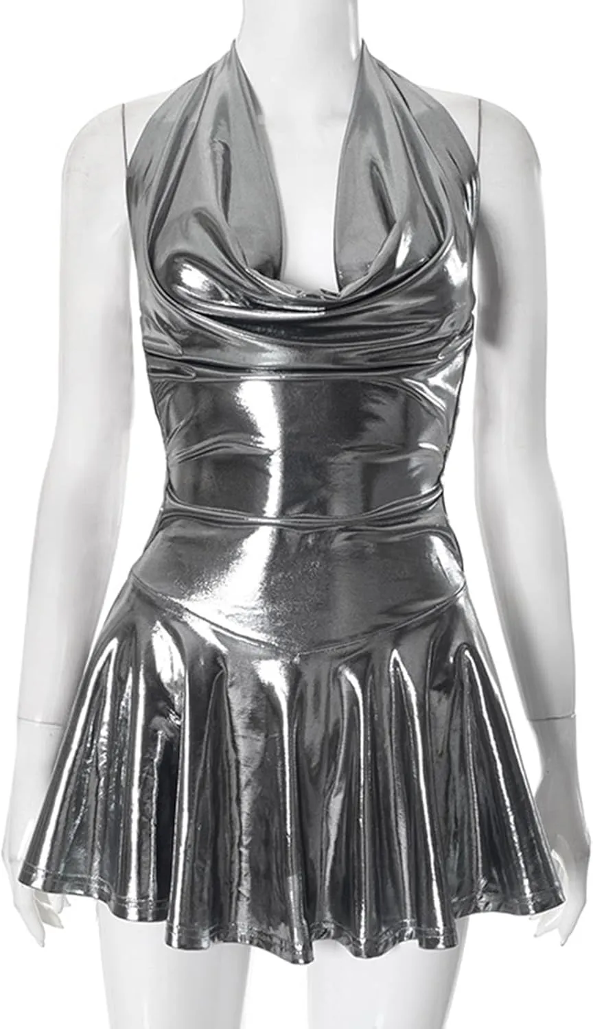Unybwonn Women Metallic Dress Sleeveless Halter Neck Backless Ruched Mini Dresses Sexy Party Club Cocktail Short Dress