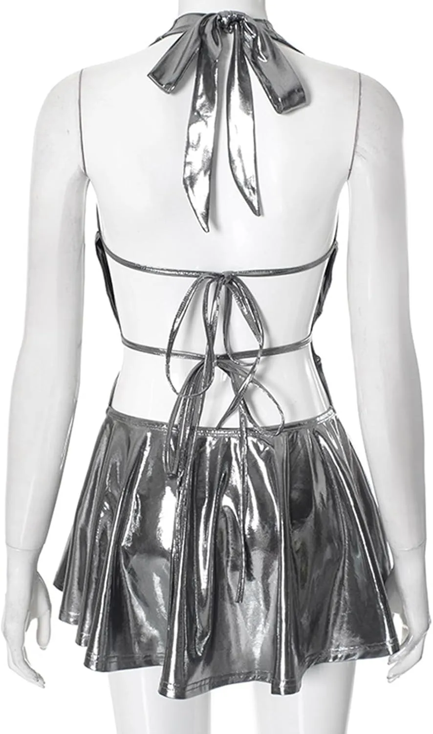 Unybwonn Women Metallic Dress Sleeveless Halter Neck Backless Ruched Mini Dresses Sexy Party Club Cocktail Short Dress