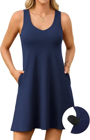 V FOR CITY Built in Bra Dress with Pockets for Women 2025 Summer Dresses Casual Cotton V Neck Sundress