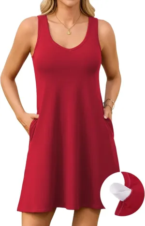 V FOR CITY Built in Bra Dress with Pockets for Women 2025 Summer Dresses Casual Cotton V Neck Sundress