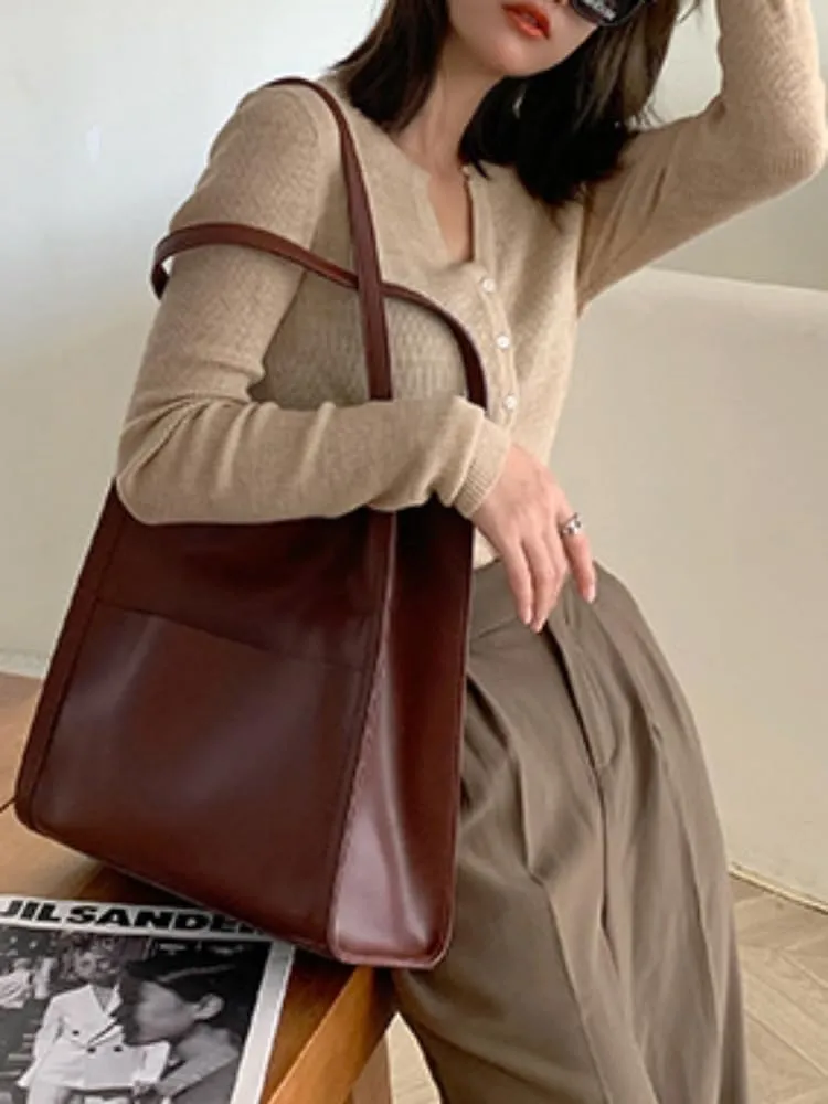 Vegan Leather Tote Handbag Shoulder Bag for Women Soft PU Leather Hobo Bag Bucket Bags Retro Handmade Purses