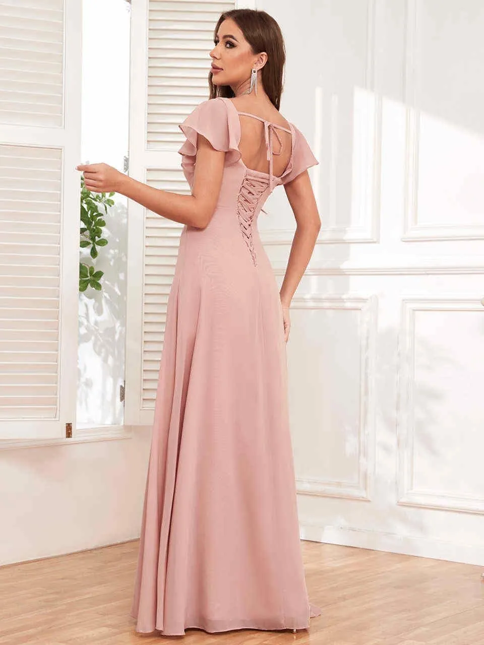 VGZ Chiffon Bridesmaid Dresses with Sleeves High Low Square Neck Ruffle Formal Evening Gown for Women