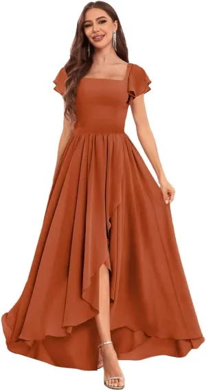 VGZ Chiffon Bridesmaid Dresses with Sleeves High Low Square Neck Ruffle Formal Evening Gown for Women