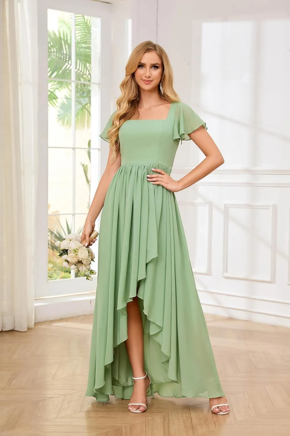 VGZ Chiffon Bridesmaid Dresses with Sleeves High Low Square Neck Ruffle Formal Evening Gown for Women
