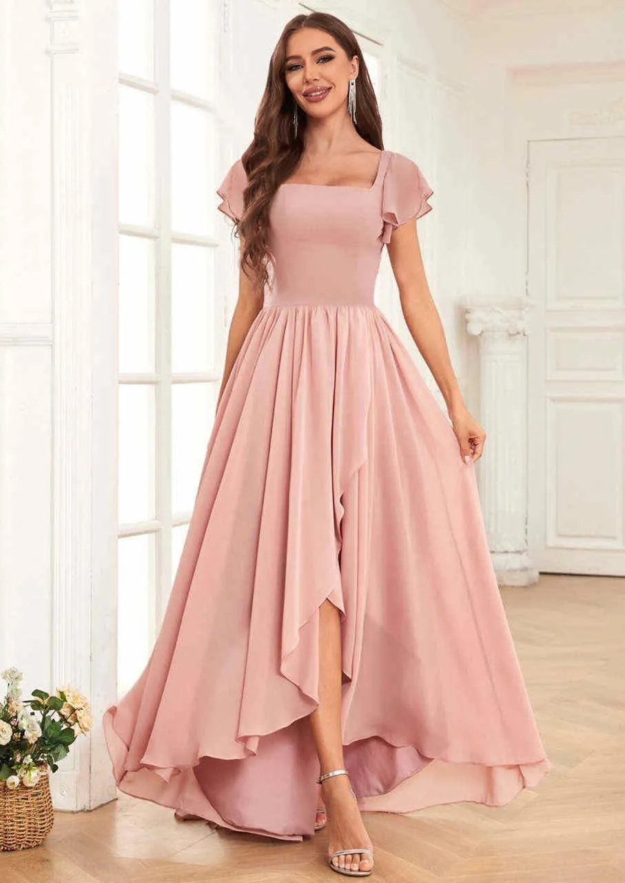VGZ Chiffon Bridesmaid Dresses with Sleeves High Low Square Neck Ruffle Formal Evening Gown for Women