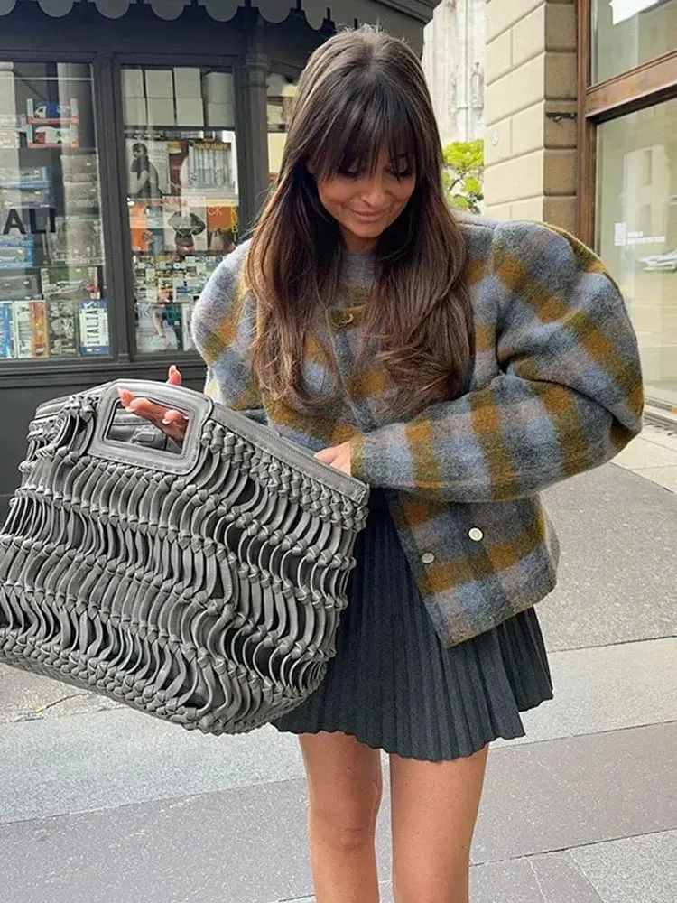 Vintage Color Block Plaid Wool Coat