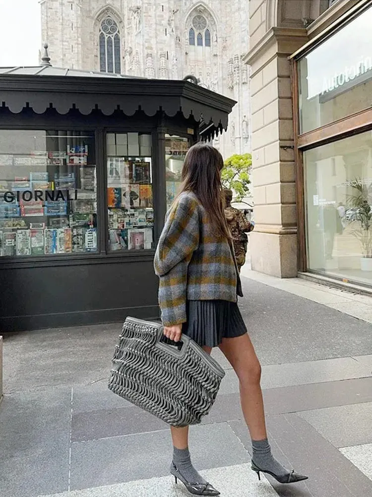 Vintage Color Block Plaid Wool Coat