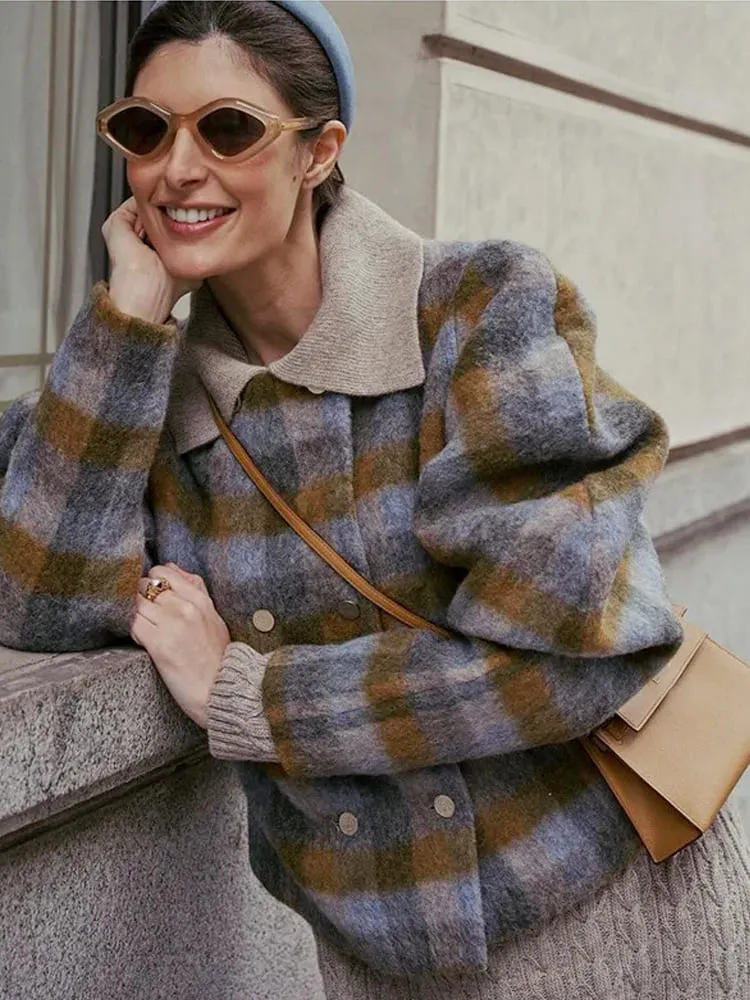 Vintage Color Block Plaid Wool Coat