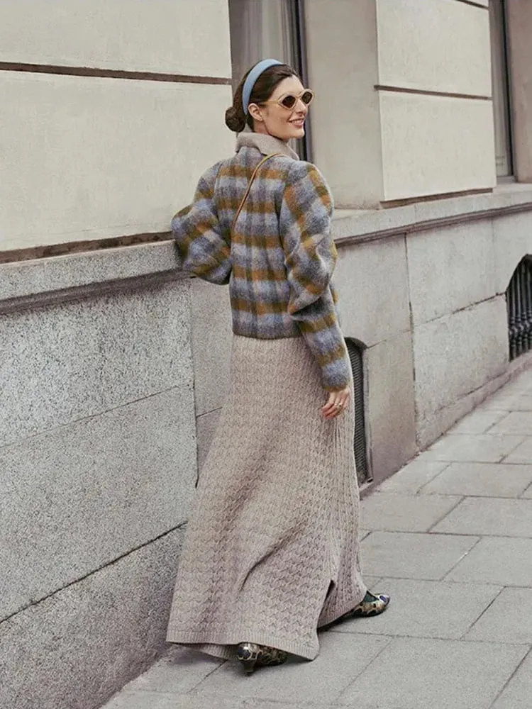 Vintage Color Block Plaid Wool Coat