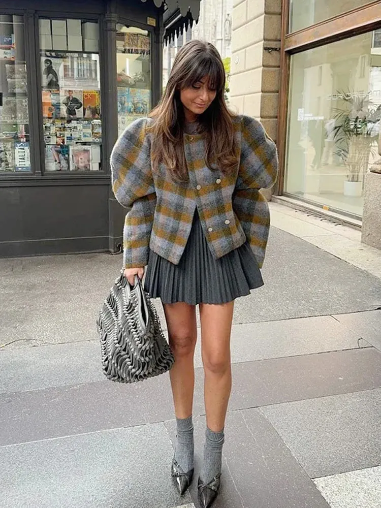 Vintage Color Block Plaid Wool Coat