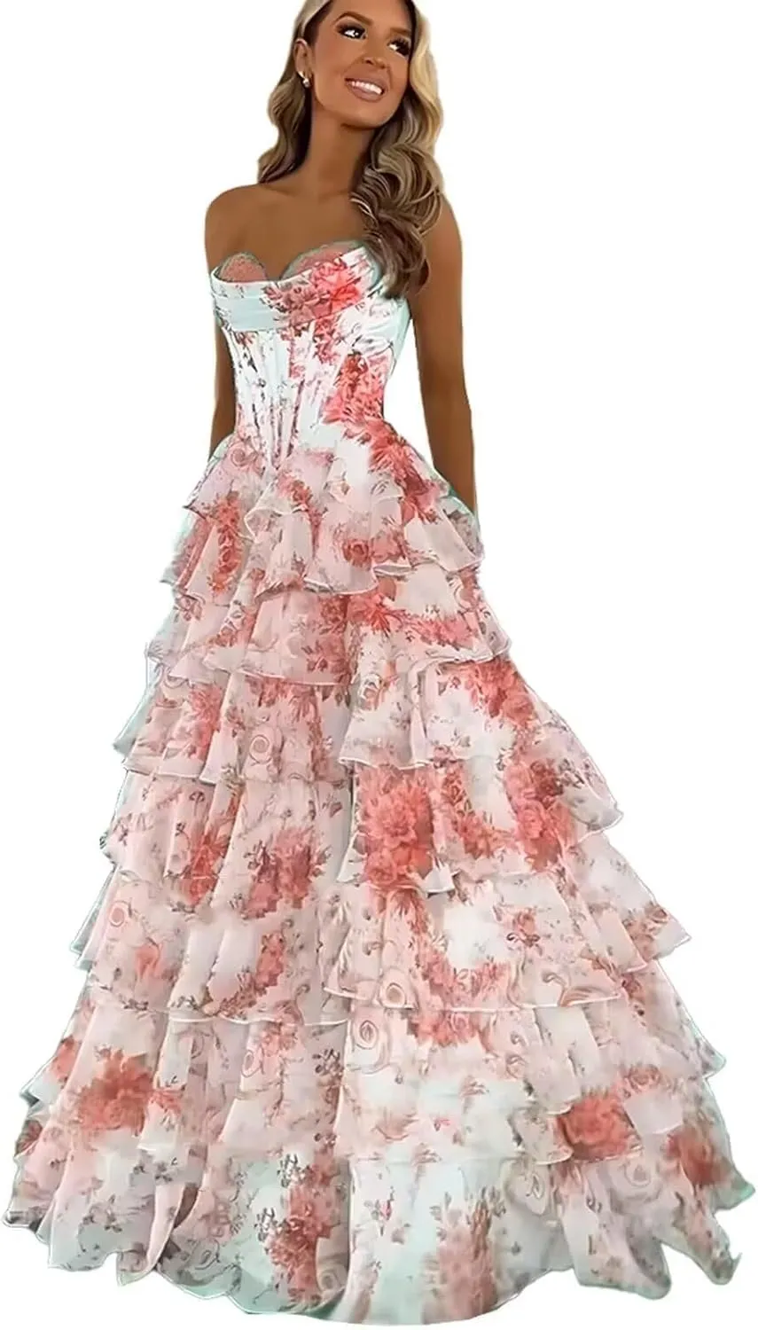 Wchecalino Strapless Tiered Floral Chiffon Prom Dresses Long 2025 Corset Ruffle Formal Evening Gown with Slit