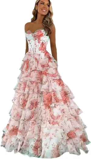Wchecalino Strapless Tiered Floral Chiffon Prom Dresses Long 2025 Corset Ruffle Formal Evening Gown with Slit