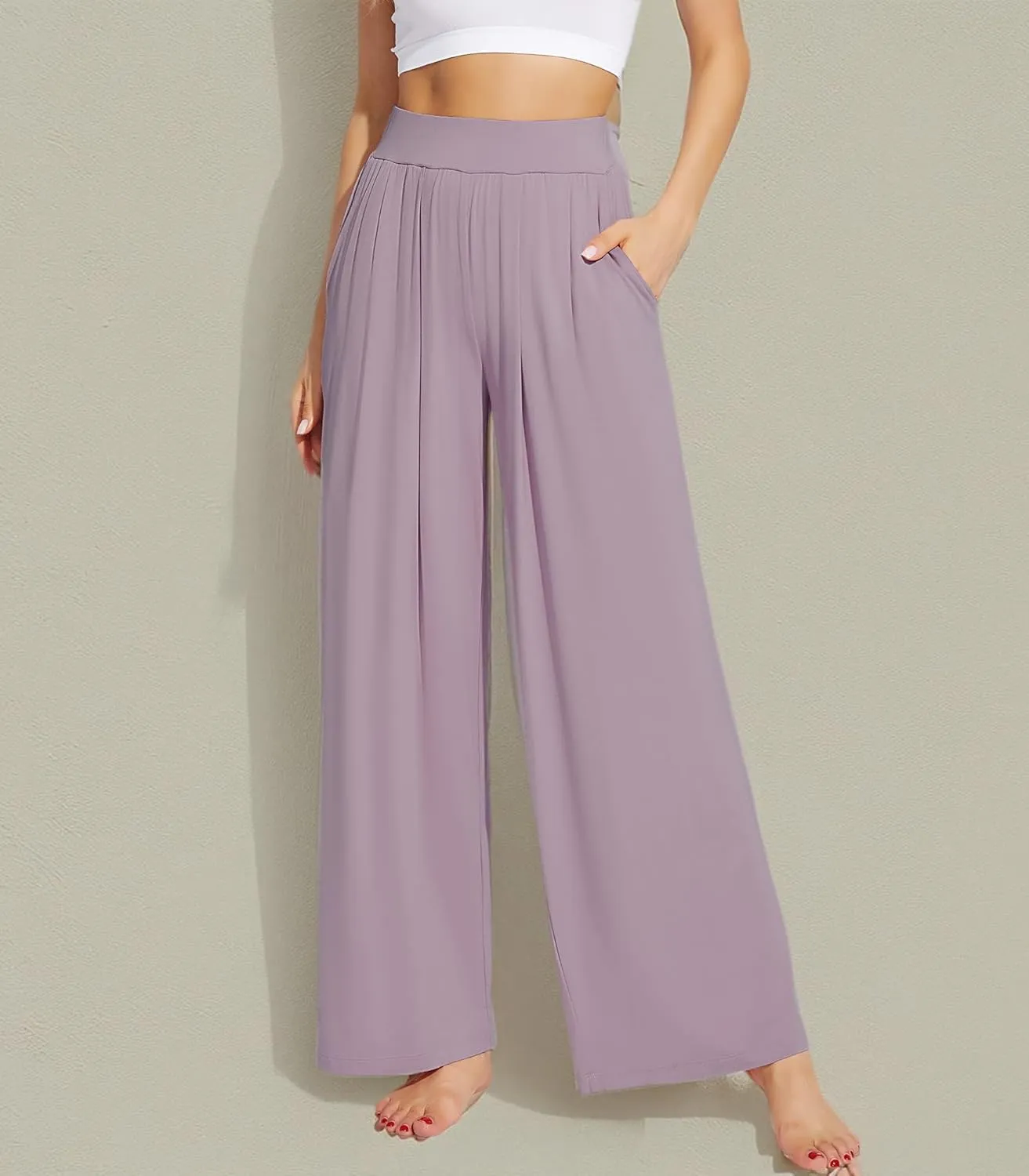 WiWi Women's Wide Leg Palazzo Lounge Pants Viscose from Bamboo Sweatpants Comfy Sleep Bottoms with Pockets S-XXL
