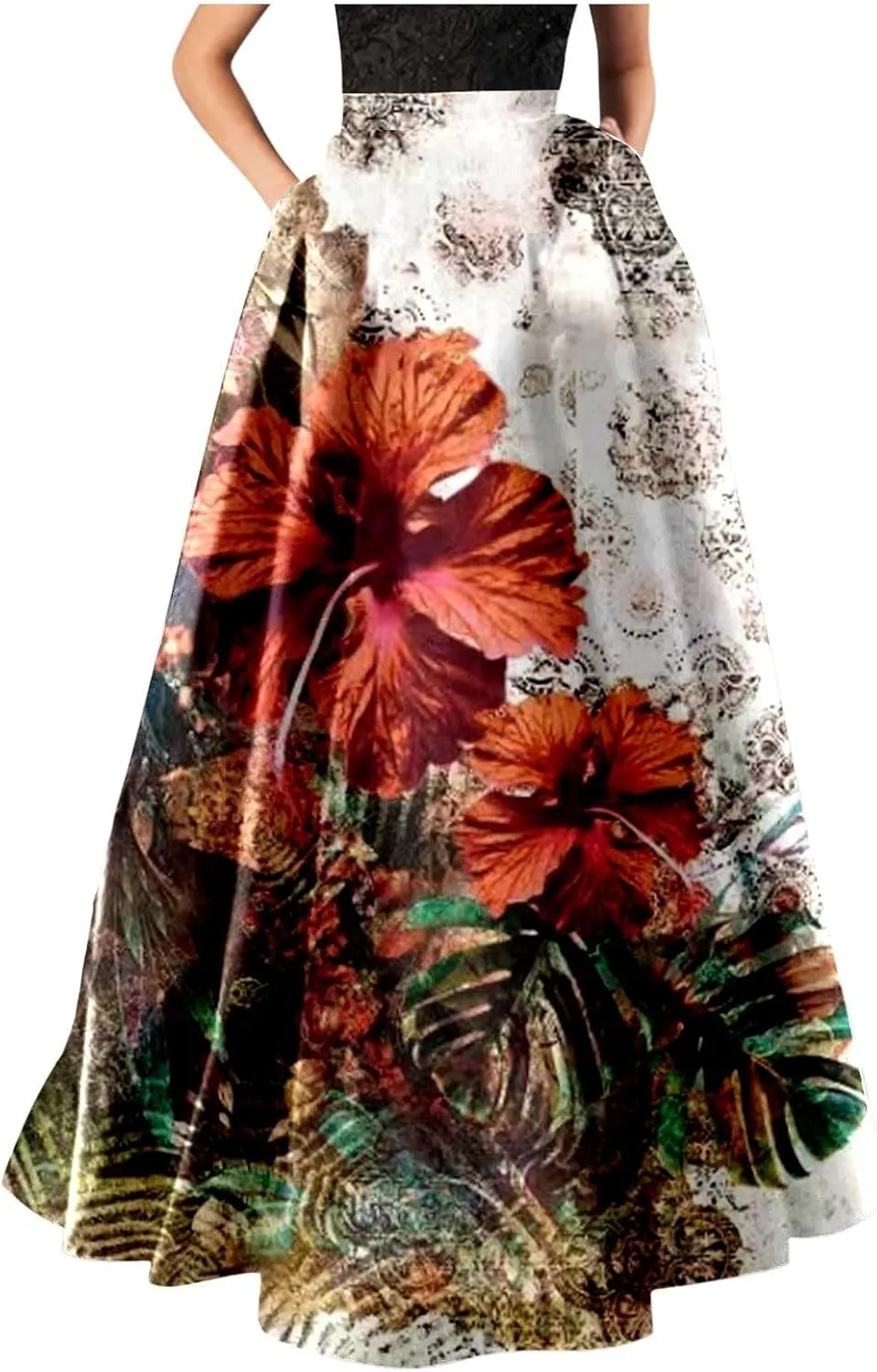 Women African Printed Maxi Skirt Flared Skirt a Line Long Skirts Vintage Pleated Skirt Floral Long Dresses with Pockets