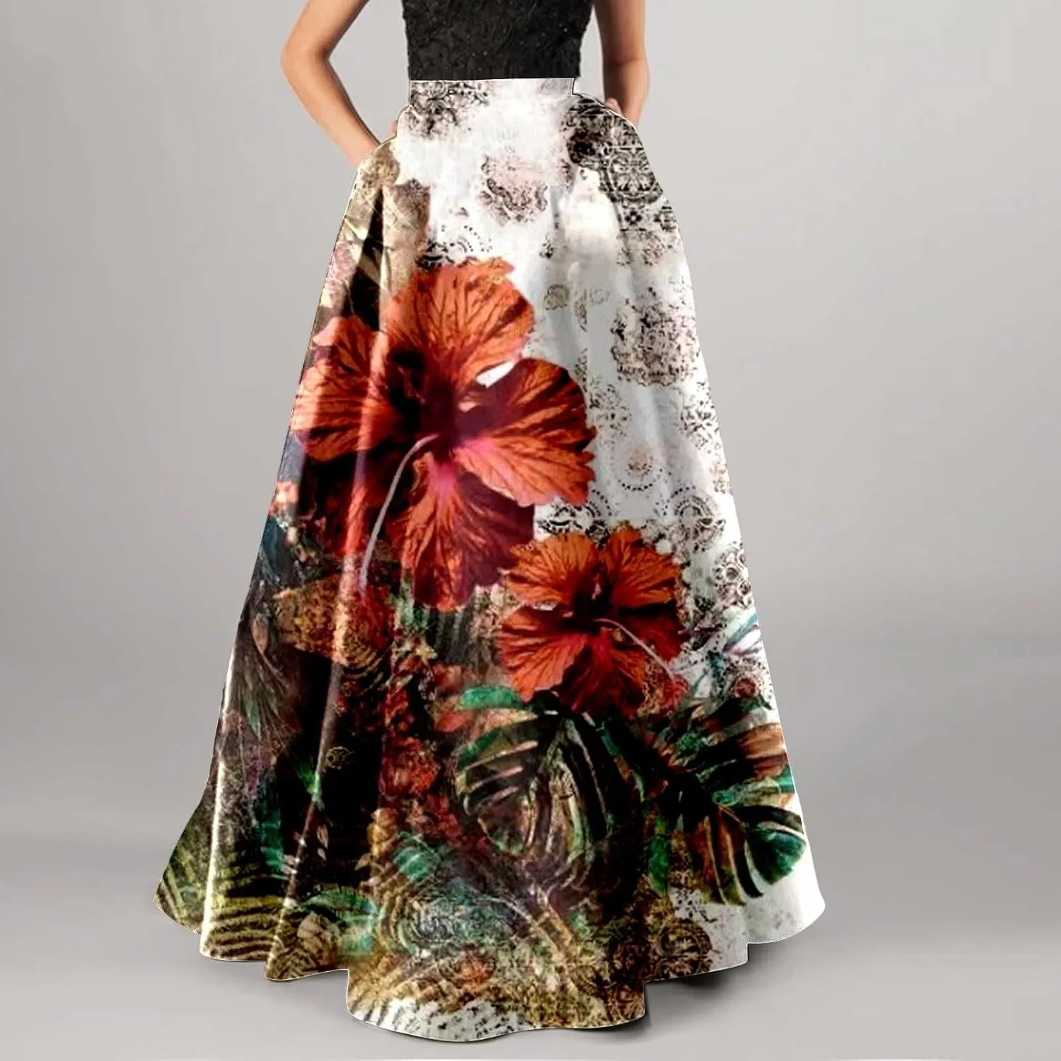 Women African Printed Maxi Skirt Flared Skirt a Line Long Skirts Vintage Pleated Skirt Floral Long Dresses with Pockets