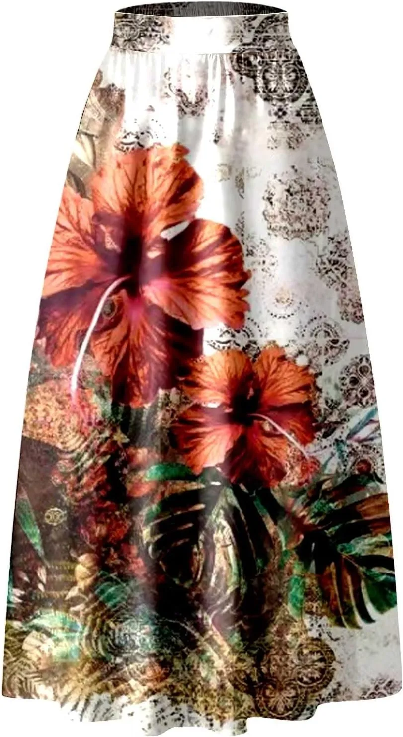 Women African Printed Maxi Skirt Flared Skirt a Line Long Skirts Vintage Pleated Skirt Floral Long Dresses with Pockets