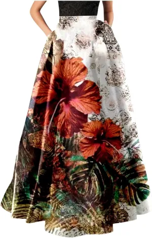 Women African Printed Maxi Skirt Flared Skirt a Line Long Skirts Vintage Pleated Skirt Floral Long Dresses with Pockets