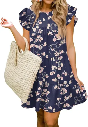 Women Babydoll Summer Casual Crew Neck Ruffle Sleeve Sleeveless Flowy Mini Short Tunic Dress Floral Print Pleated Dress4-Dark Purple,Large