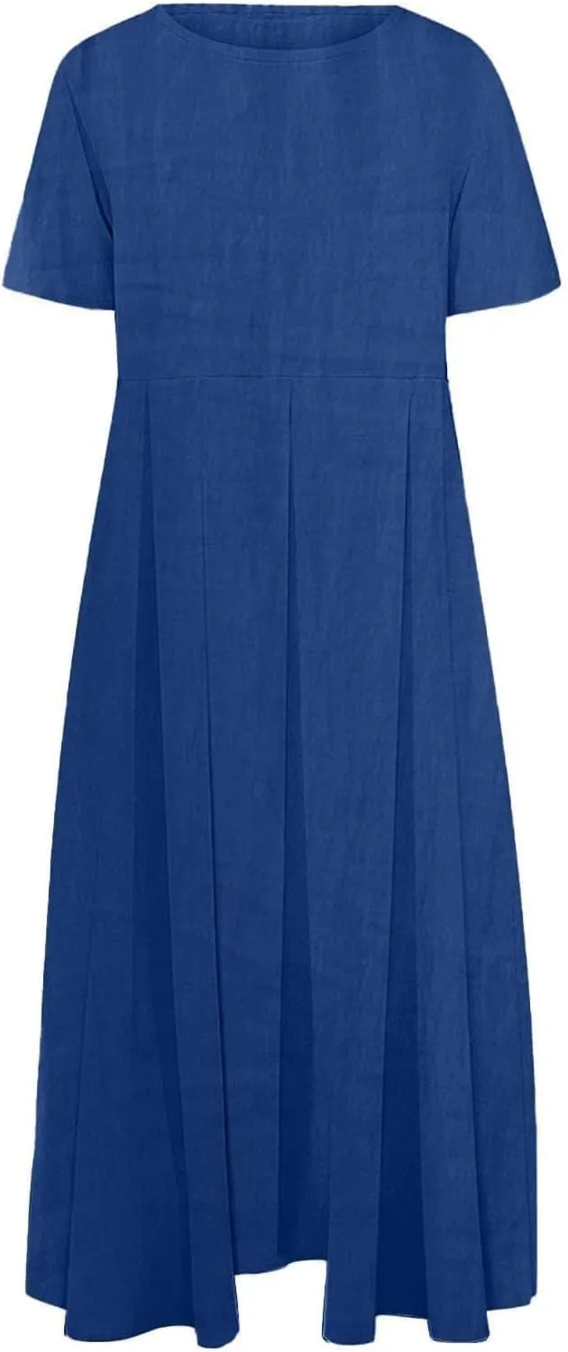 Women Basic Cotton Linen A-Line Dress Summer Short Sleeve Crewneck Flowy Midi Dresses Plus Size Casual Beach Dress