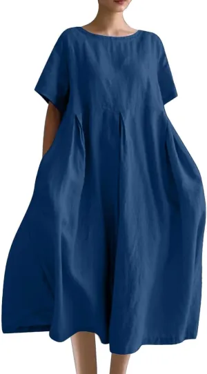 Women Basic Cotton Linen A-Line Dress Summer Short Sleeve Crewneck Flowy Midi Dresses Plus Size Casual Beach Dress
