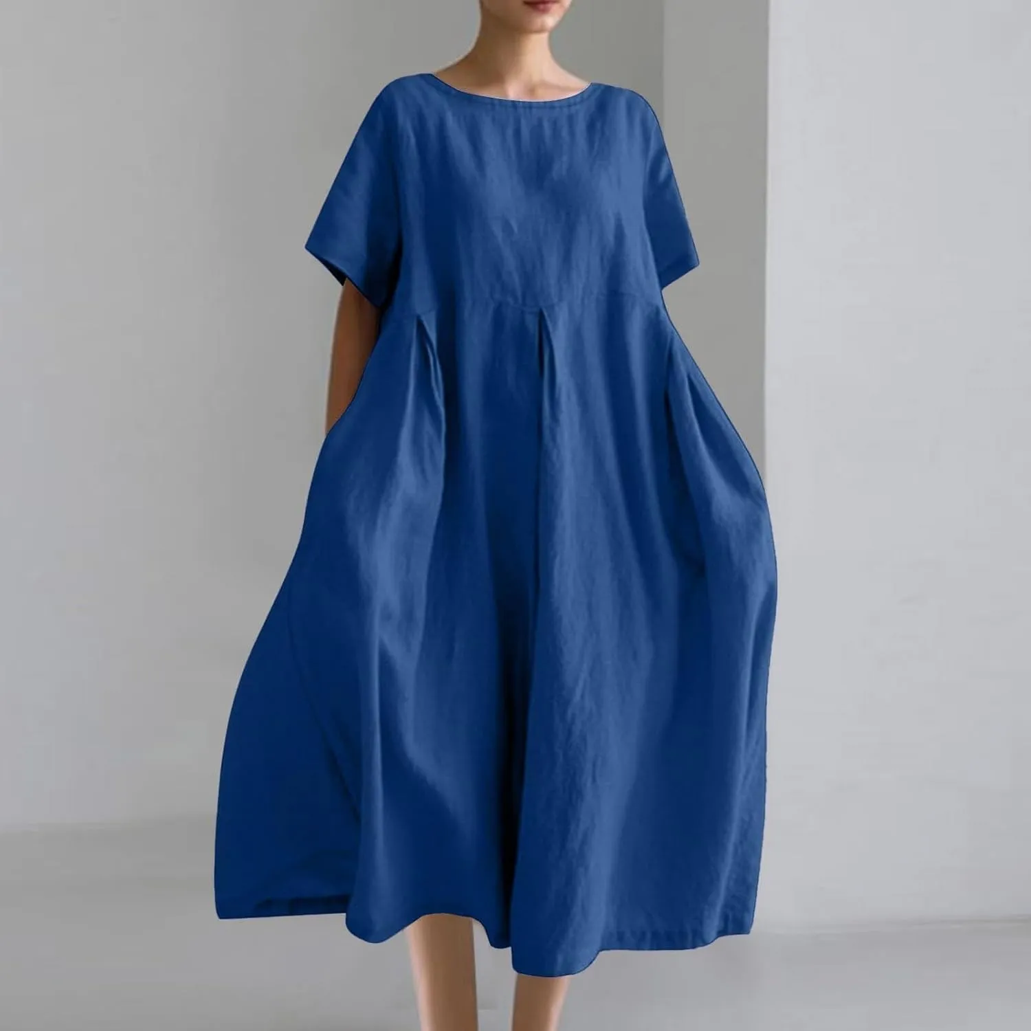 Women Basic Cotton Linen A-Line Dress Summer Short Sleeve Crewneck Flowy Midi Dresses Plus Size Casual Beach Dress