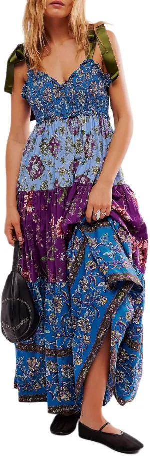 Women Boho Fairycore Tie Shoulder Maxi Dress Y2k Smocked Floral Ruffle Tiered Flowy Sundress Cute Beach Vacation Outfit