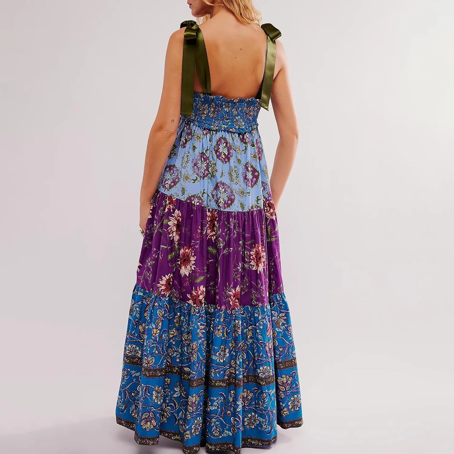 Women Boho Fairycore Tie Shoulder Maxi Dress Y2k Smocked Floral Ruffle Tiered Flowy Sundress Cute Beach Vacation Outfit