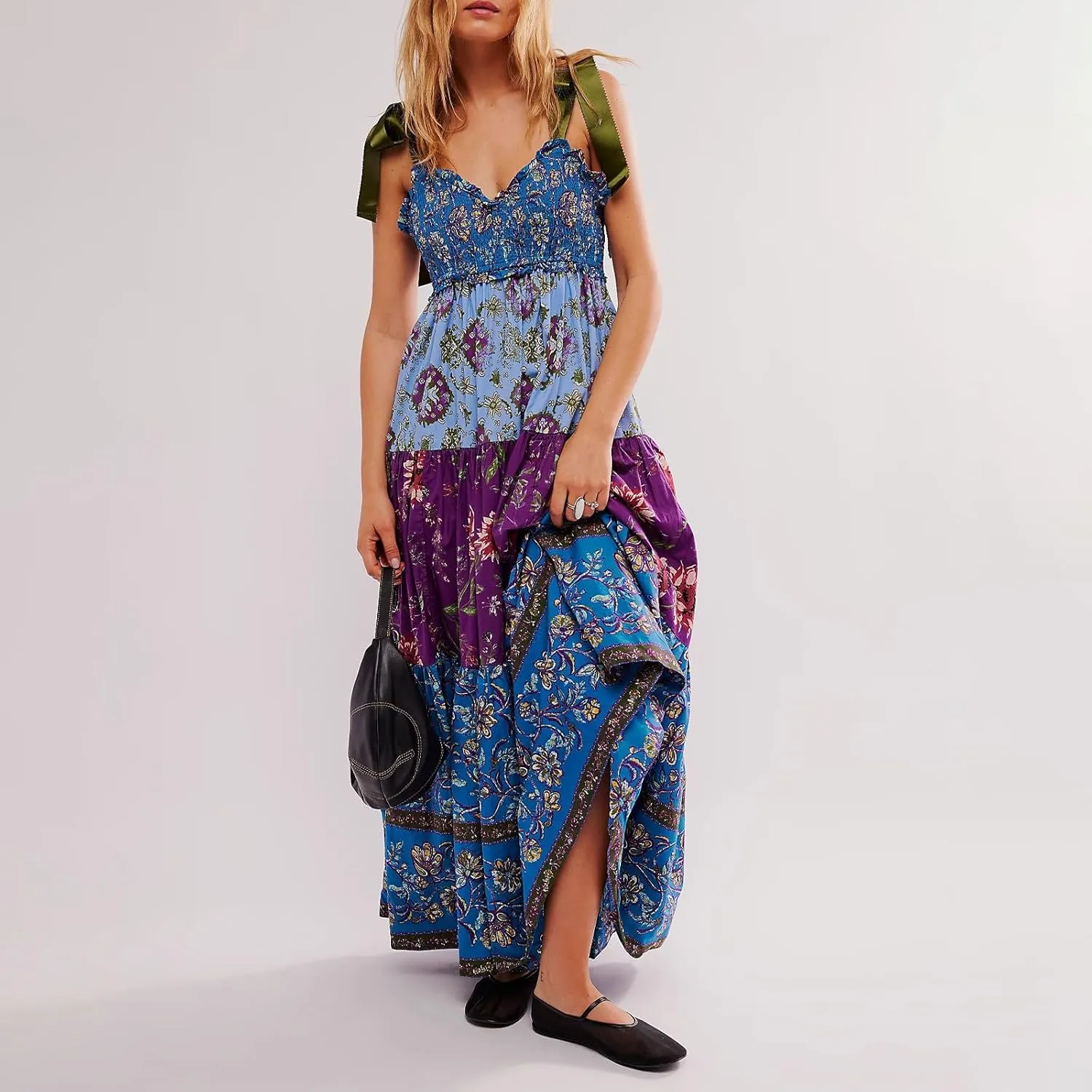 Women Boho Fairycore Tie Shoulder Maxi Dress Y2k Smocked Floral Ruffle Tiered Flowy Sundress Cute Beach Vacation Outfit