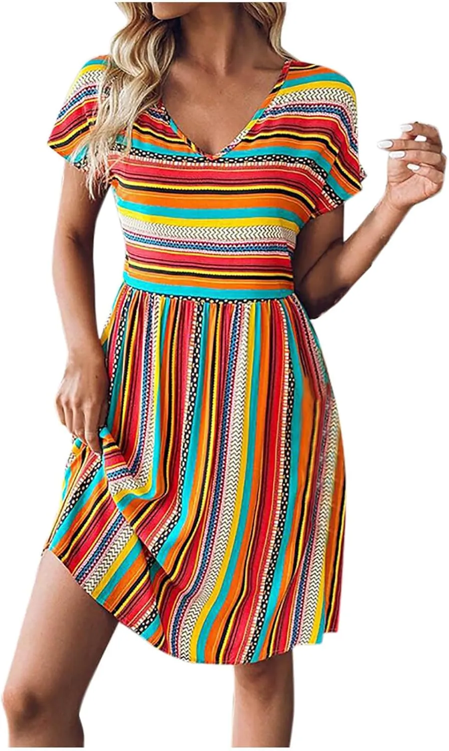 Women Casual Spring Summer Dresses V Neck Short Sleeve Vintage Striped Floral Boho Babydoll Swing Mini Beach Dress