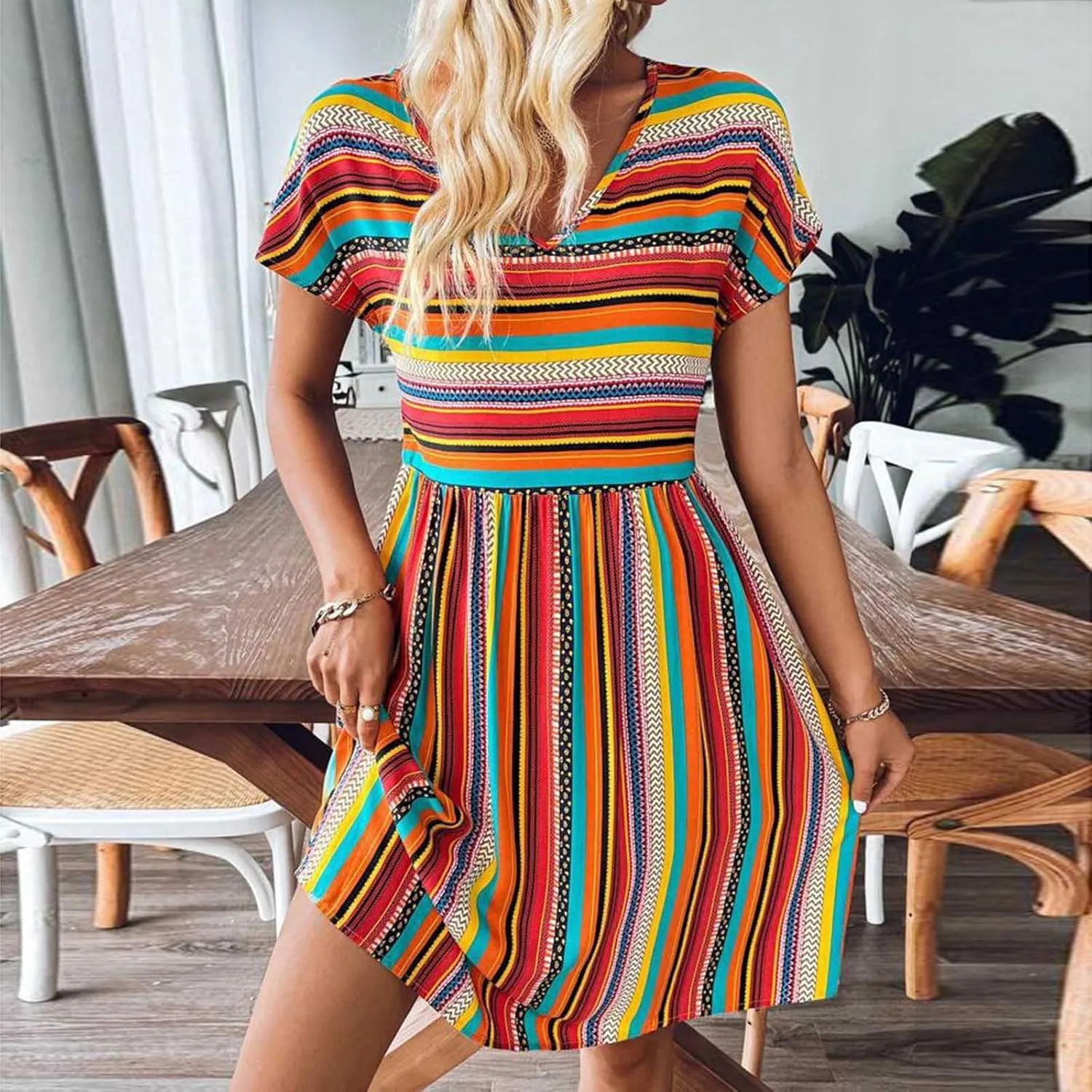 Women Casual Spring Summer Dresses V Neck Short Sleeve Vintage Striped Floral Boho Babydoll Swing Mini Beach Dress