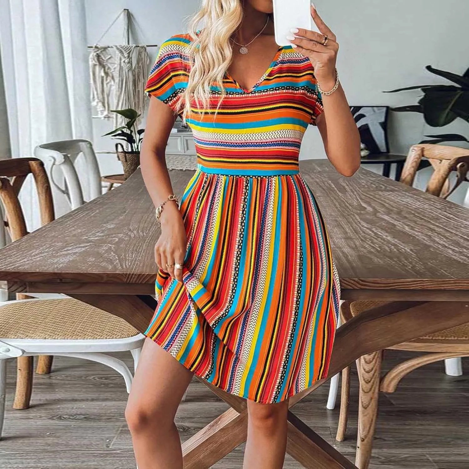 Women Casual Spring Summer Dresses V Neck Short Sleeve Vintage Striped Floral Boho Babydoll Swing Mini Beach Dress