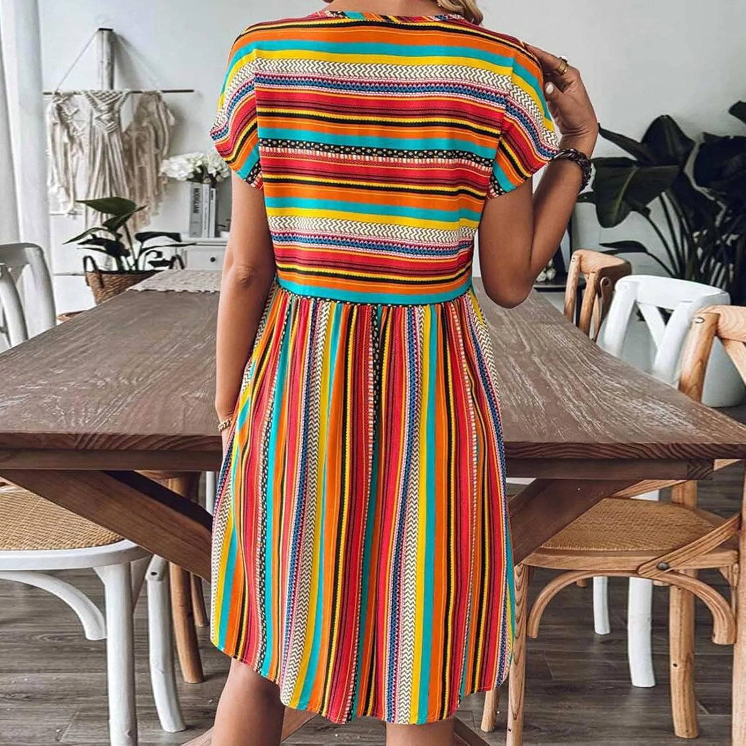 Women Casual Spring Summer Dresses V Neck Short Sleeve Vintage Striped Floral Boho Babydoll Swing Mini Beach Dress